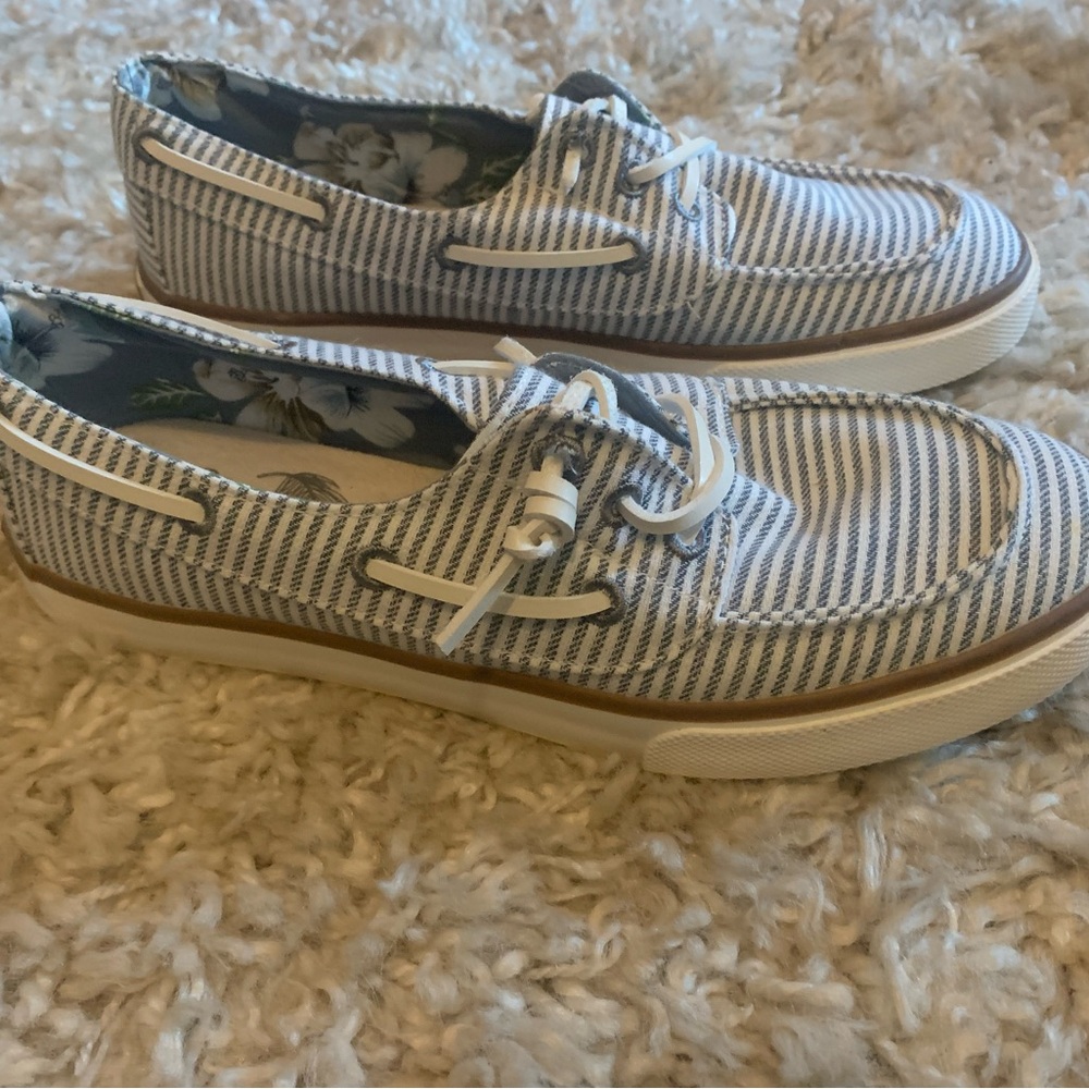 Tommy Bahama Blue and White Striped Boat Shoes